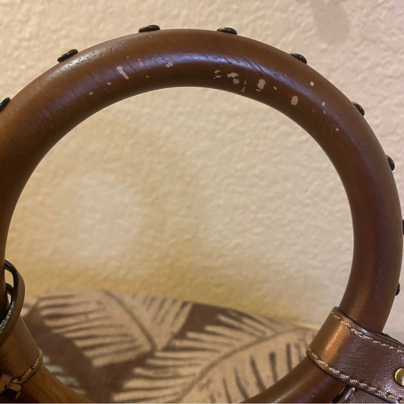 Fossil handbag dark Hawaiian tropical palm print wooden handles or strap - Picture 9 of 13